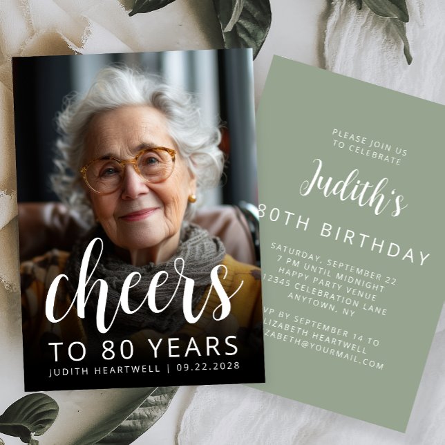 Cheers Photo 80th Birthday Party Sage Green Invitation (Creator Uploaded)