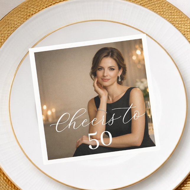 Cheers photo elegant script birthday party napkin (Creator Uploaded)
