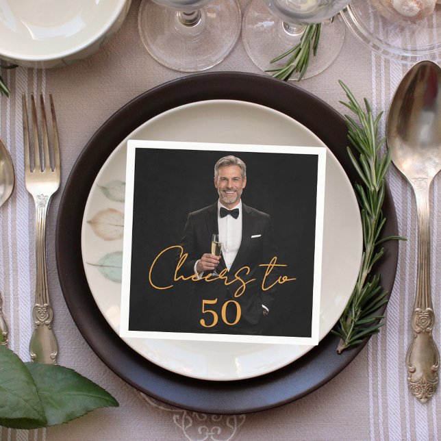 Cheers photo gold birthday party luncheon napkin (Creator Uploaded)