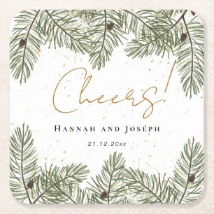 Cheers Pine & Gold Christmas Festive Wedding Square Paper Coaster