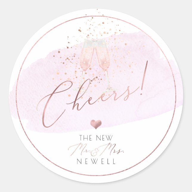 Cheers Pink Champagne Glasses Bubbles  Watercolor Classic Round Sticker (Front)
