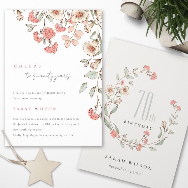 Cheers Pink Flowers Wreath 70th Birthday Invite (Creator Uploaded)