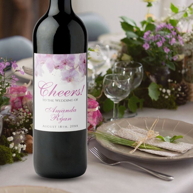 Cheers Pink Orchid Watercolor Flower Wedding Wine Label (Creator Uploaded)