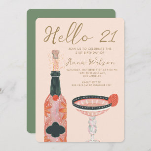 Cheers Pink Strawberry and Blush Hello 21 Birthday Invitation