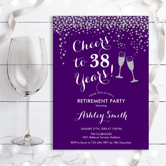  Cheers Retirement Party Invitation Purple Silver (Creator Uploaded)