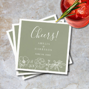 Cheers Sage Green Elegant Floral Line Art Wedding Napkin