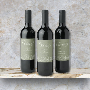 Cheers Sage Green Elegant Floral Wedding Wine Label