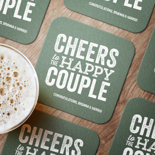 Cheers sage green fun brewery wedding rehearsal square paper coaster