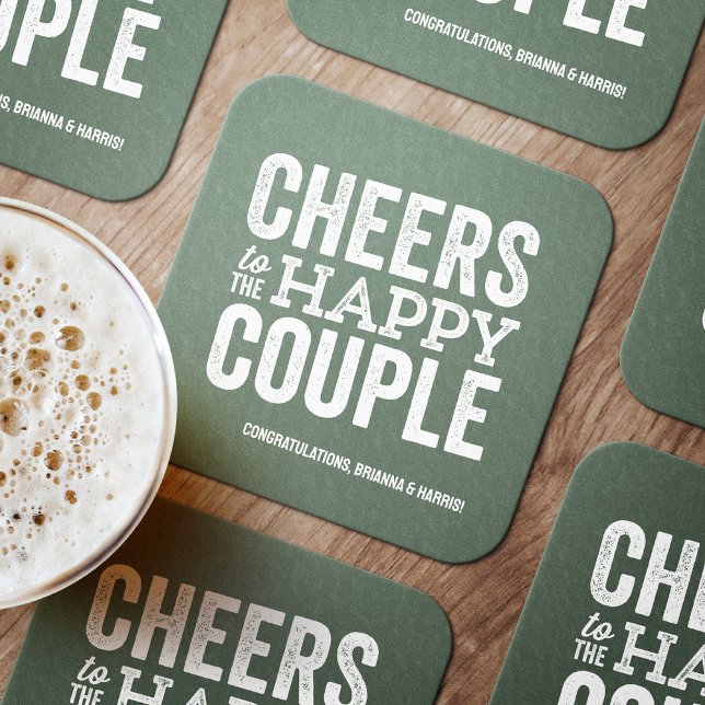 Cheers sage green fun brewery wedding rehearsal square paper coaster (Creator Uploaded)