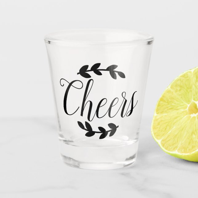 Cheers Script Black Laurels Shot Glass (Front)