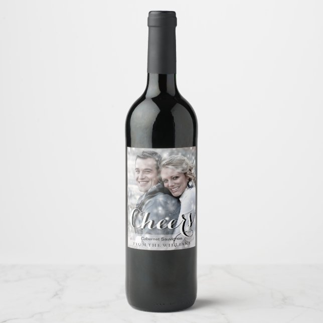 CHEERS Script Modern Custom Photo Wine Label (Front)
