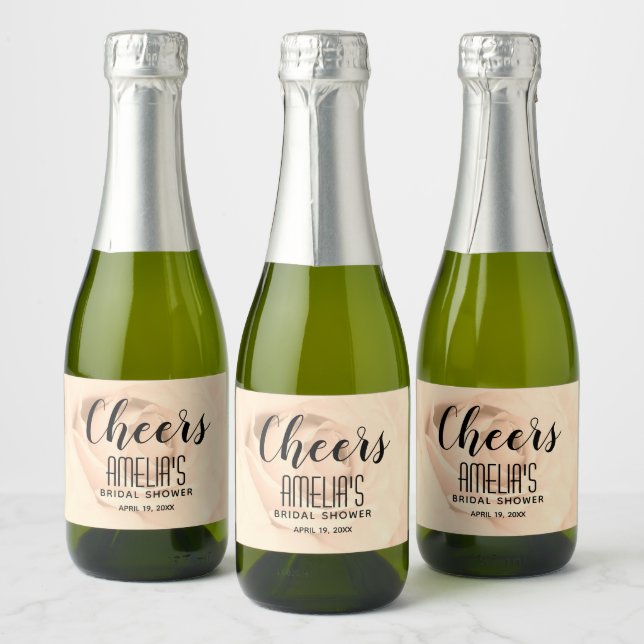 Cheers Sepia Rose Bridal Shower Mini Sparkling Wine Label (Bottles)