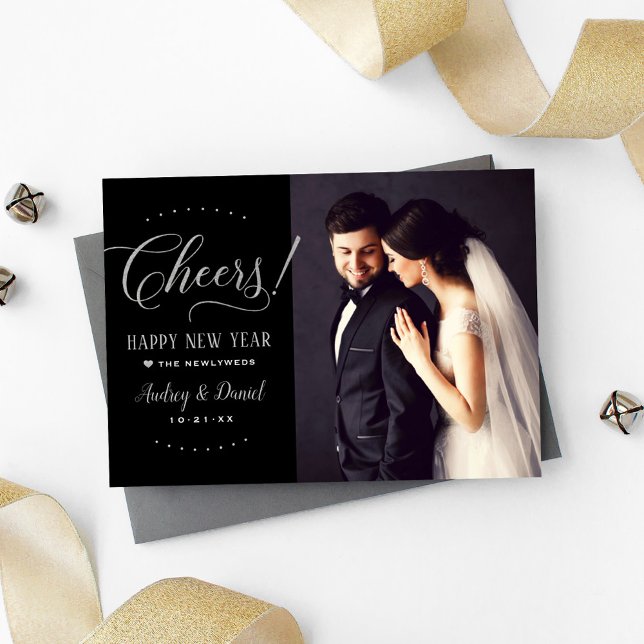 Cheers Silver Black Happy New Year Wedding Photo Holiday Card (Creator Uploaded)
