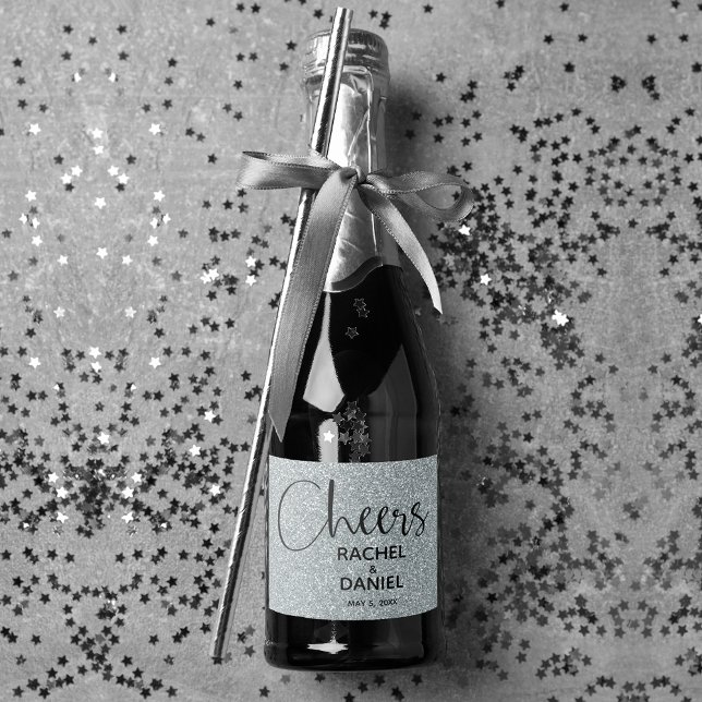 Cheers SILVER Faux Glitter Wedding Mini Sparkling Wine Label (Silver faux glitter mini champagne wedding bottle label for favors or serve to guests)