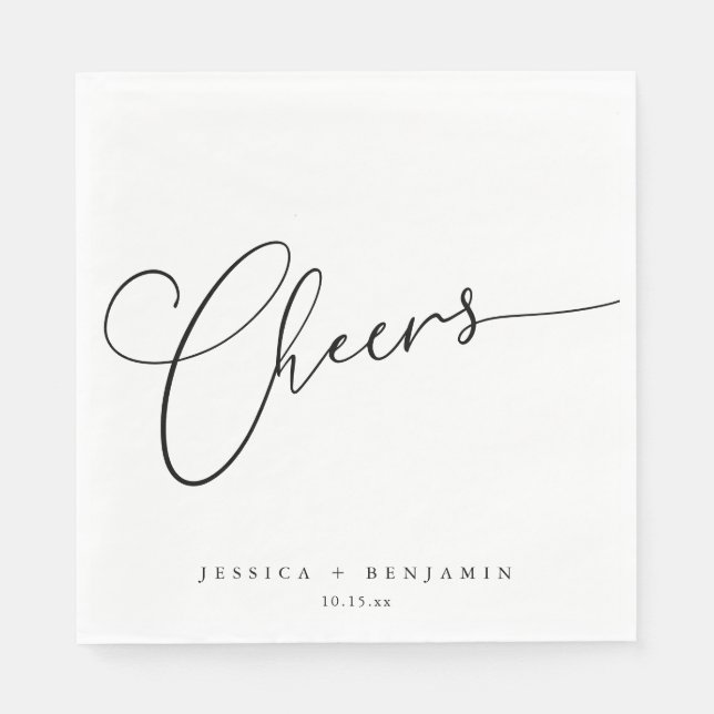 Cheers Simple Black White Custom Wedding Names Napkin (Front)
