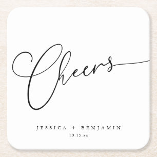 Cheers Simple Black White Custom Wedding Names Square Paper Coaster
