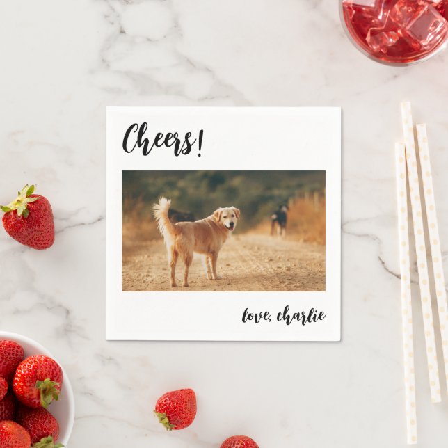 Cheers Simple Cute Dog Photo Modern Wedding Napkin (Insitu)