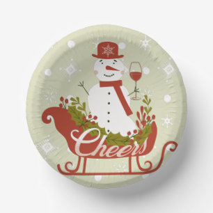 Cheers Snowman with Wine and Sled Christmas Party Paper Plate