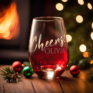 Cheers Stylish Gold Script Custom Name Stemless Wine Glass