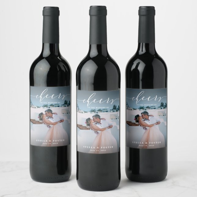 Cheers Stylish White Script Photo Wedding  Wine Label (Bottles)