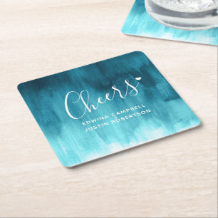 Cheers teal modern art wash paper coasters