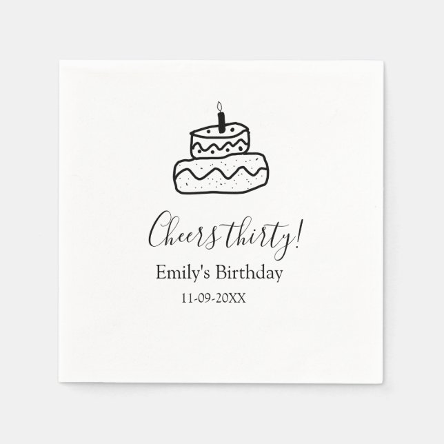 Cheers thirty birthday cake black scribble hand napkin (Front)