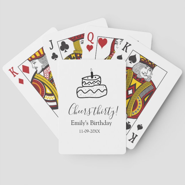 Cheers thirty birthday cake black scribble hand playing cards (Back)