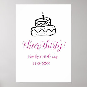 Cheers thirty birthday cake black scribble hand poster