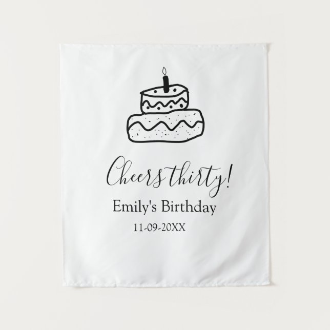 Cheers thirty birthday cake black scribble hand tapestry (Front)