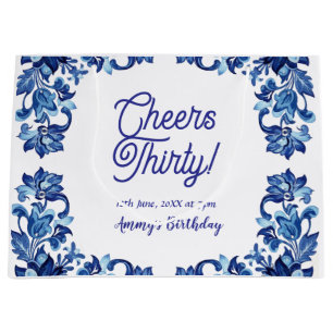Cheers thirty birthday royal blue floral border na large gift bag