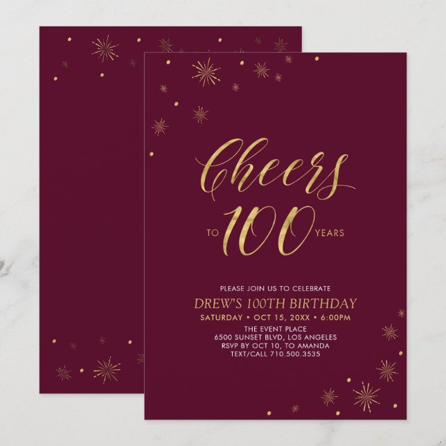 Cheers to 100 Gold & Burgundy 100th Birthday Party Invitation (Front/Back)