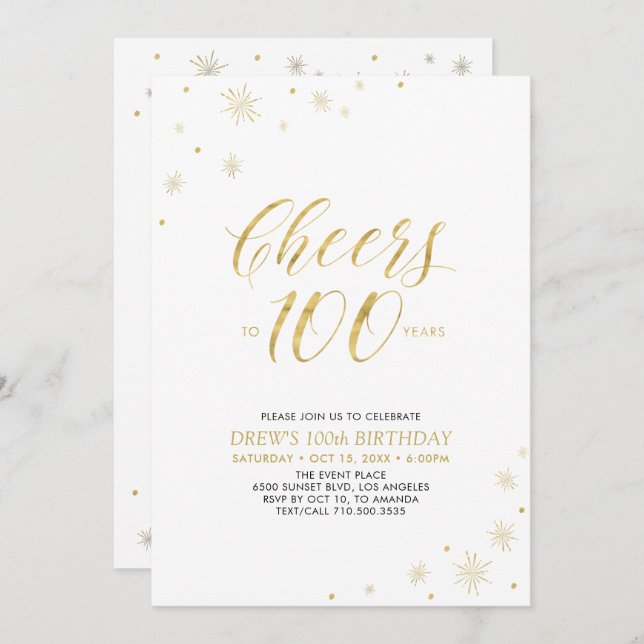 Cheers to 100 | Gold & White 100th Birthday Party Invitation (Front/Back)