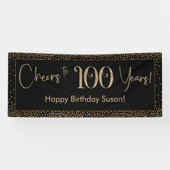 Cheers to 100 Years Birthday Gold and Black Banner (Horizontal)
