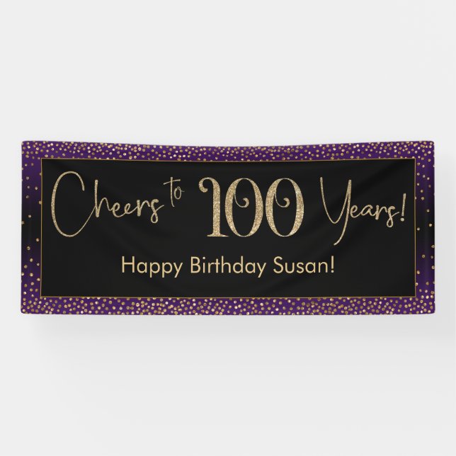 Cheers to 100 Years Birthday Purple Gold Black Banner (Horizontal)