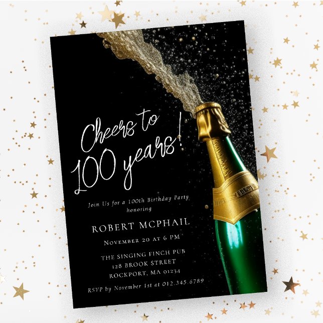 Cheers to 100 Years Champagne Bottle Birthday Invitation (Creator Uploaded)