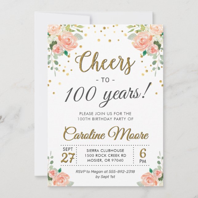 Cheers to 100 Years Ladies 100th Birthday Party Invitation (Front)