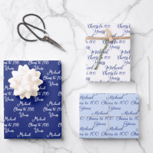 Cheers to 100 Years Navy Light Blue 100th Birthday Wrapping Paper Sheet