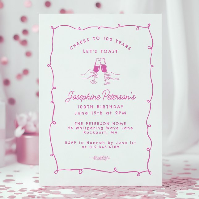 Cheers to 100 Years Pink Whimsical Doodle  Invitation (Creator Uploaded)