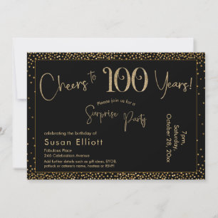 Cheers to 100 Years Surprise Birthday Black & Gold Invitation
