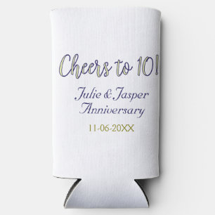 Cheers to 10th wedding anniversary blue golden mod seltzer can cooler