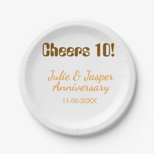Cheers to 10th wedding anniversary brown orange  paper plate