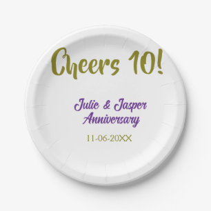 Cheers to 10th wedding anniversary purpl golden na paper plate