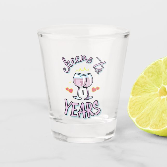 Cheers to 11 years wedding anniversary champagne  shot glass (Front)