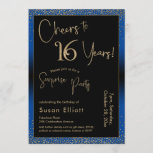 Cheers to 16 Years Surprise Birthday Party Blue Invitation