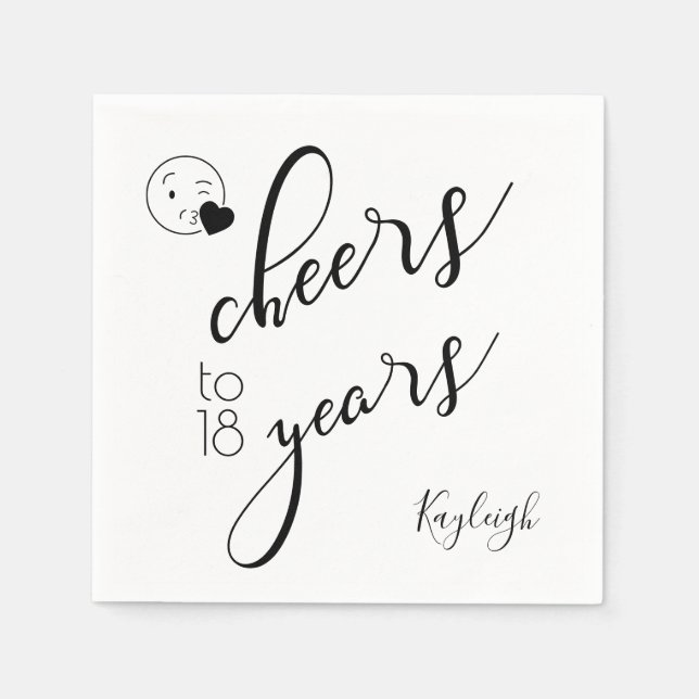Cheers to 18 Years Black and White Modern Text Napkin (Front)