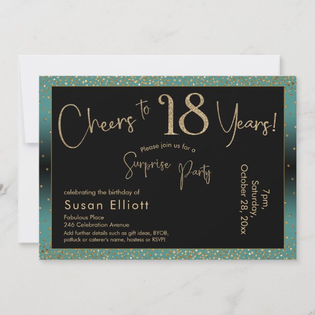 Cheers to 18 Years Surprise Birthday Teal and Gold Invitation (Front)