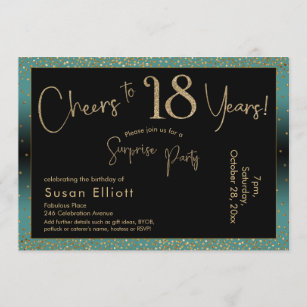 Cheers to 18 Years Surprise Birthday Teal and Gold Invitation