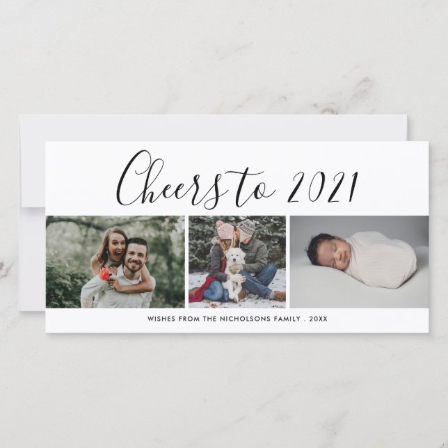 Cheers To 2021 Script Three Photo Collage Modern Holiday Card (Front)