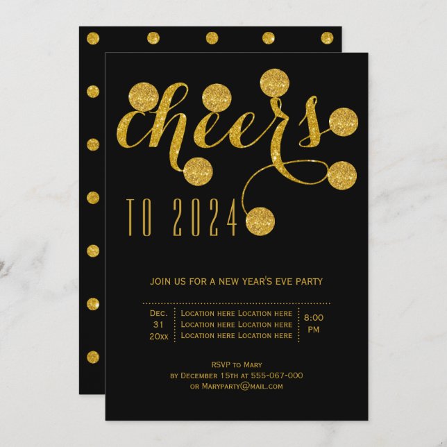 Cheers to 2024 gold New Year's Eve party black Invitation (Front/Back)