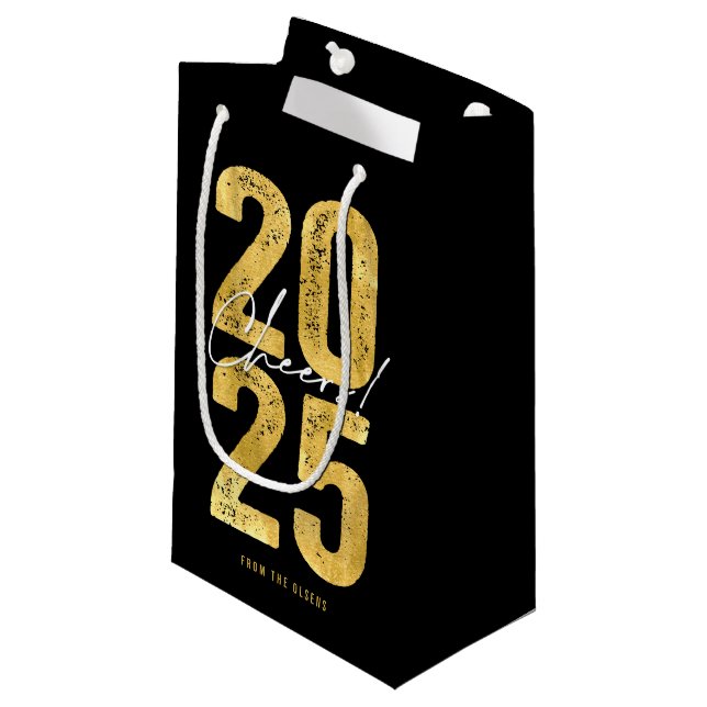 Cheers To 2025 Gold Typography Modern New Year Small Gift Bag (Front Angled)